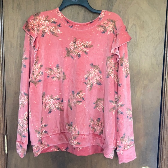 LC Lauren Conrad top floral print velvet w ruffle puff sleeve sweatshirt S M - Picture 3 of 15